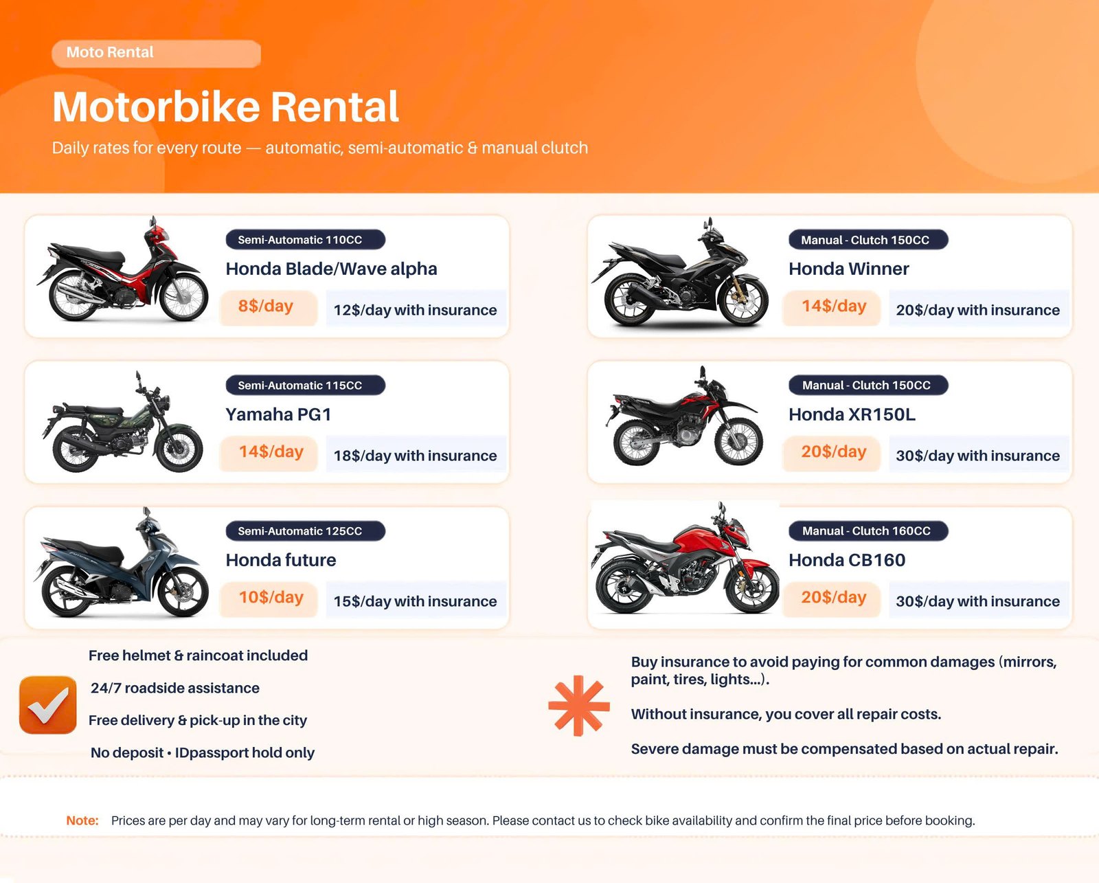 Tien Tour motorbike rental daily rates